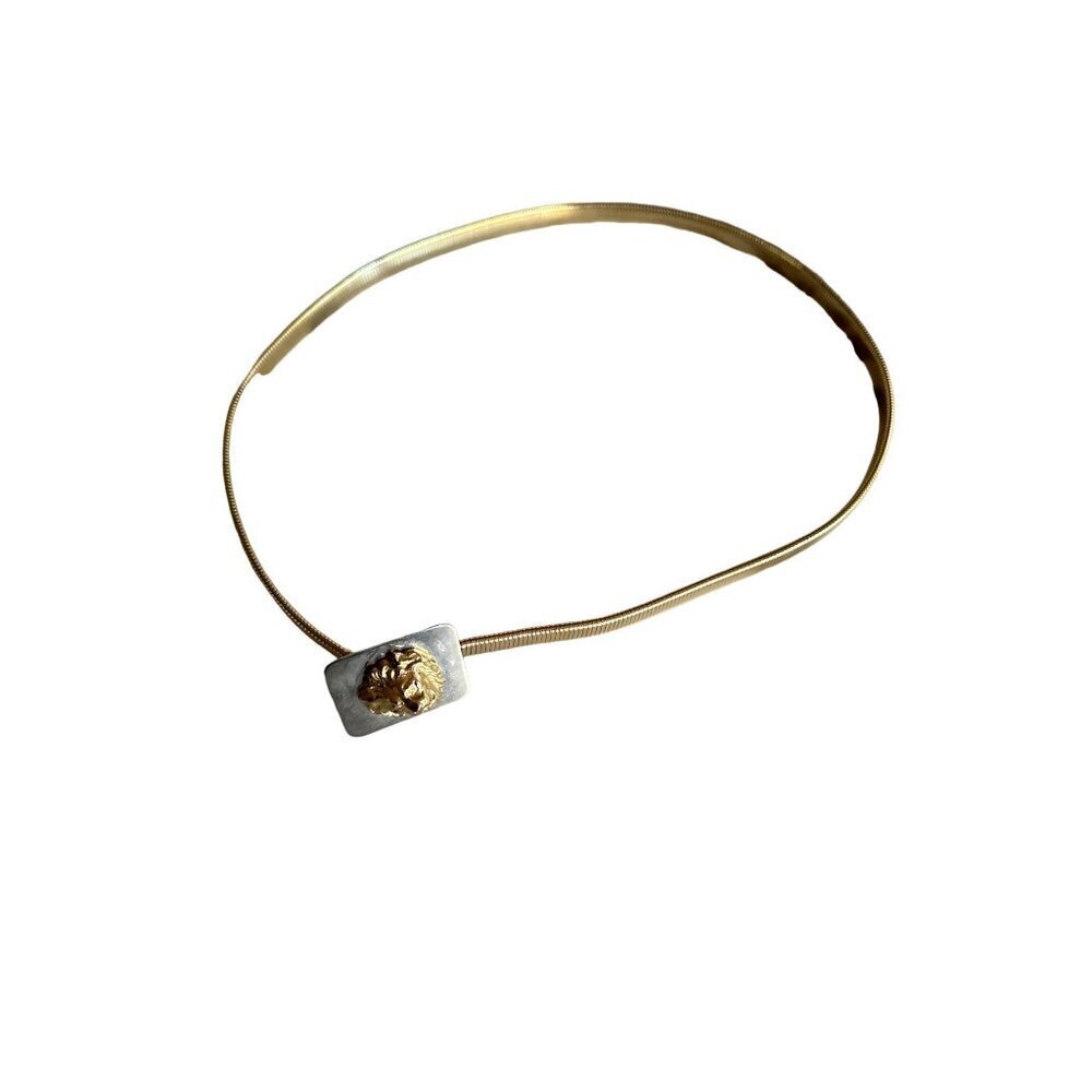 Vintage Gold Tone Lion Head Belt With Mother Of Pearl Square Buckle‎